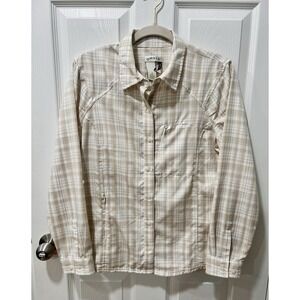 Orvis Performance Button Up Shirt Brown Plaid Zip Pockets Polyester Small NoIron